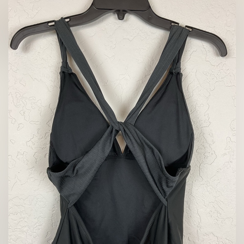 Women’s Black V Neck Criss Cross Backless Rib One Piece Swimsuit Plunge Size XL - Picture 9 of 11